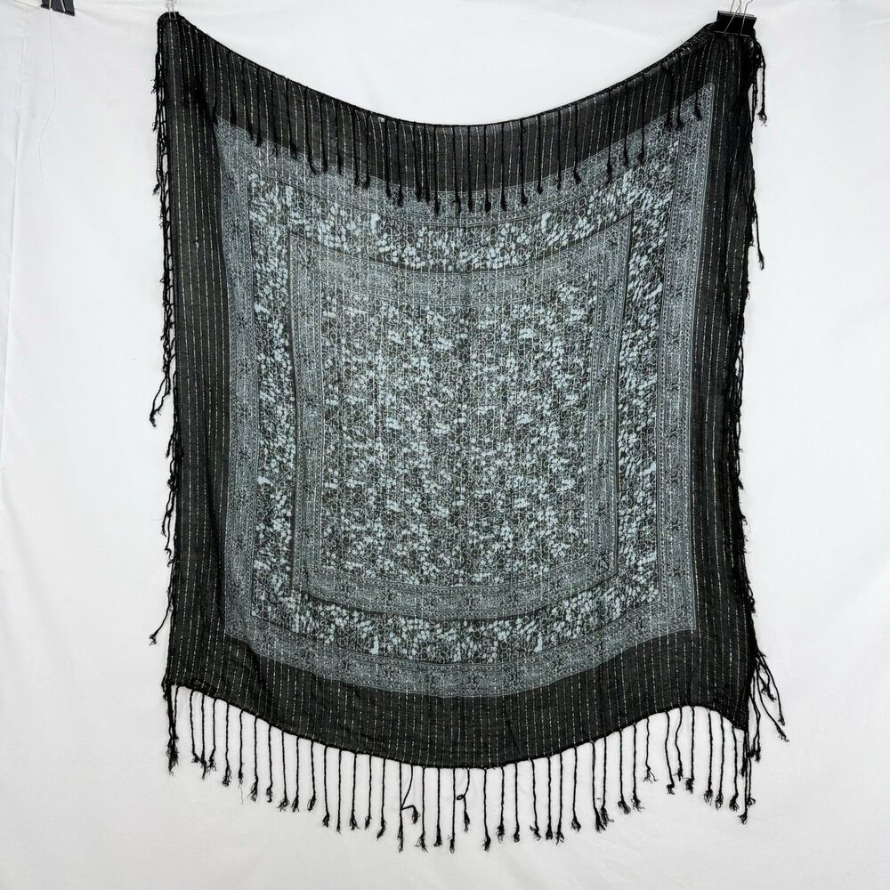 Black Gray Boho Shawl Scarf Metallic Gold Stripes Sheer Fringe Wrap